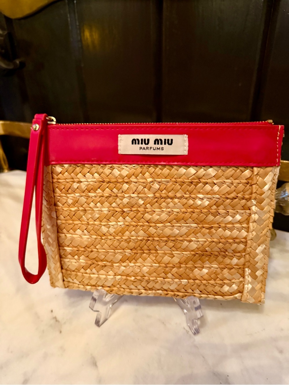 Authentic Miu Miu VIP Beauty natural raffia woven wristlet wallet card holder